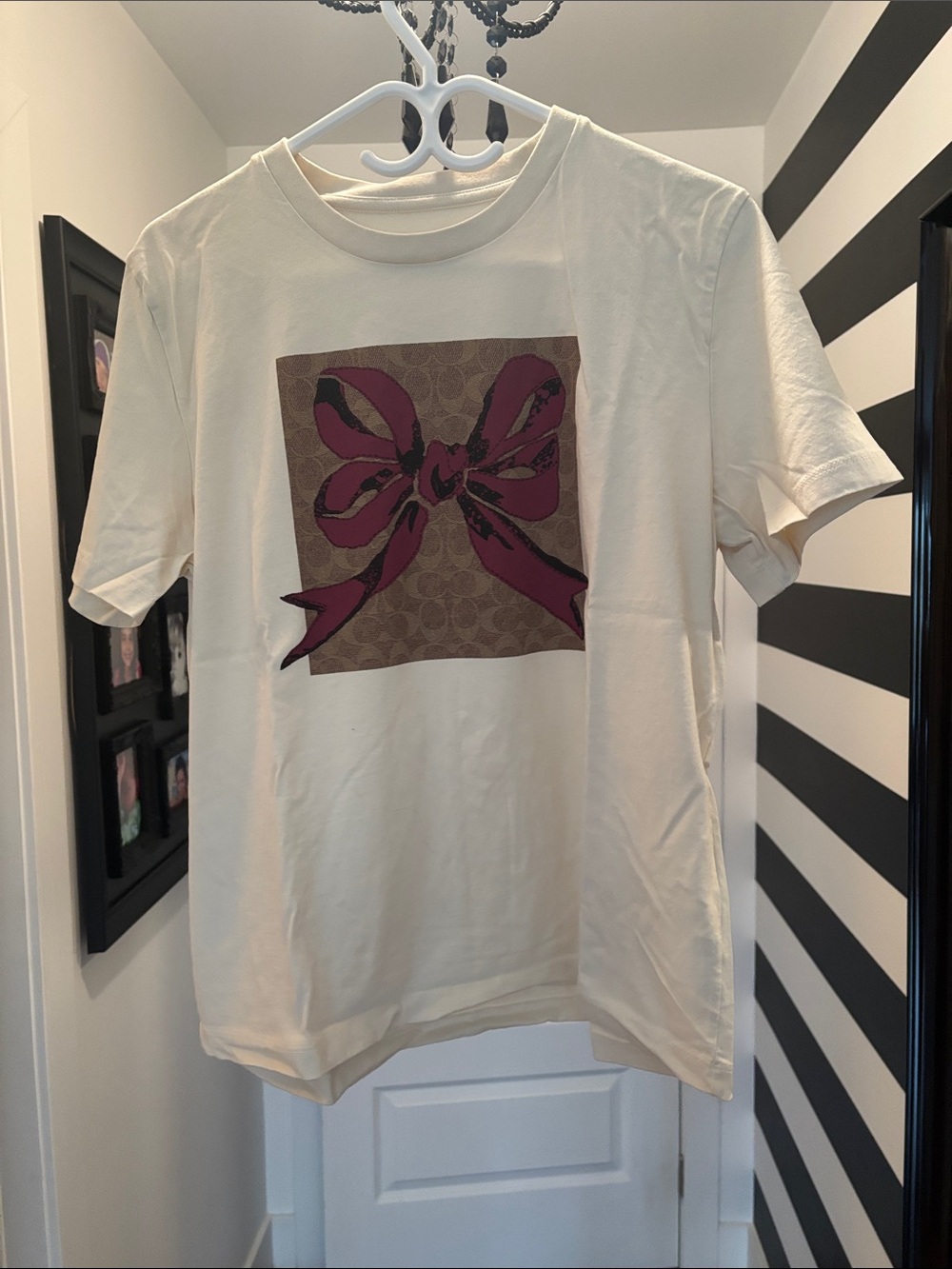 Coach Cream Short Sleeve Tee with Pink Bow Graphic